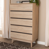 Baxton Studio SECOD5014-Hana Oak/Dark Grey-5DW-Chest Miren Mid-Century Modern Light Oak and Dark Grey 5-Drawer Chest